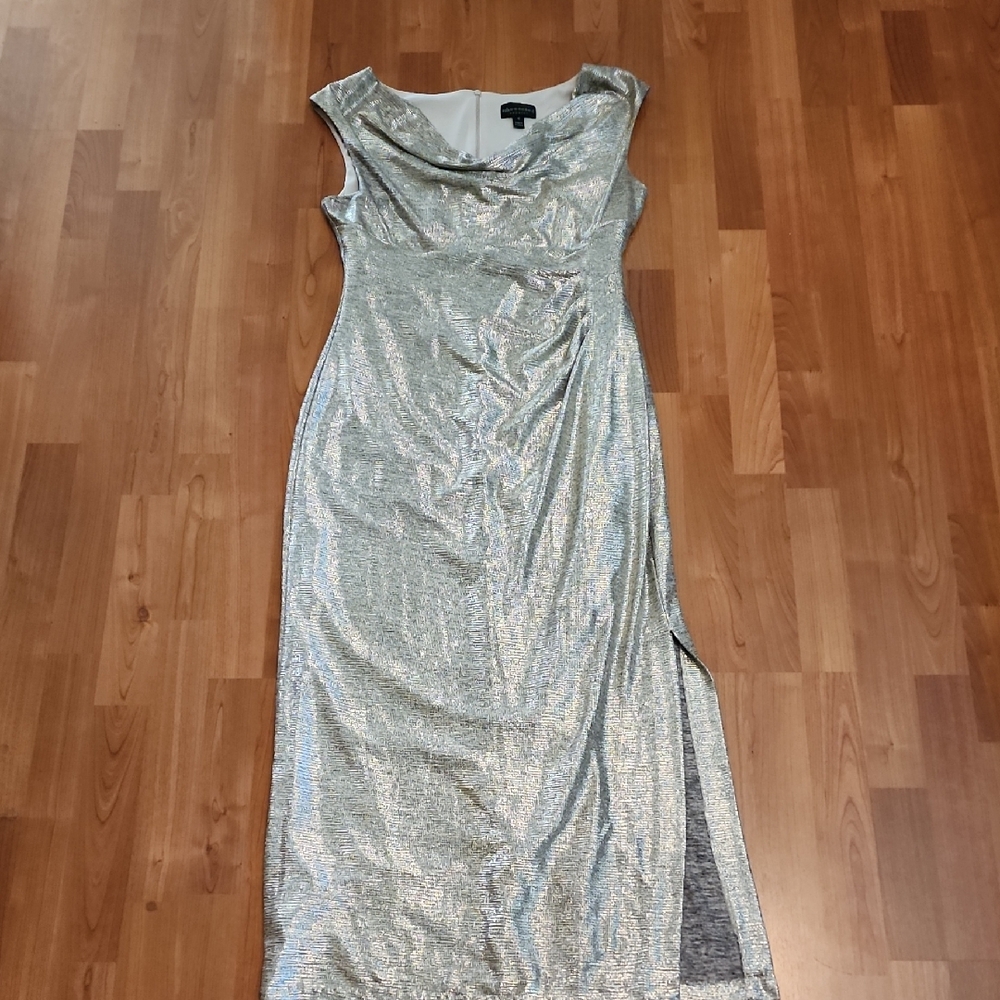 connected apparel Silver Metallic Cowl Neck Maxi Dress